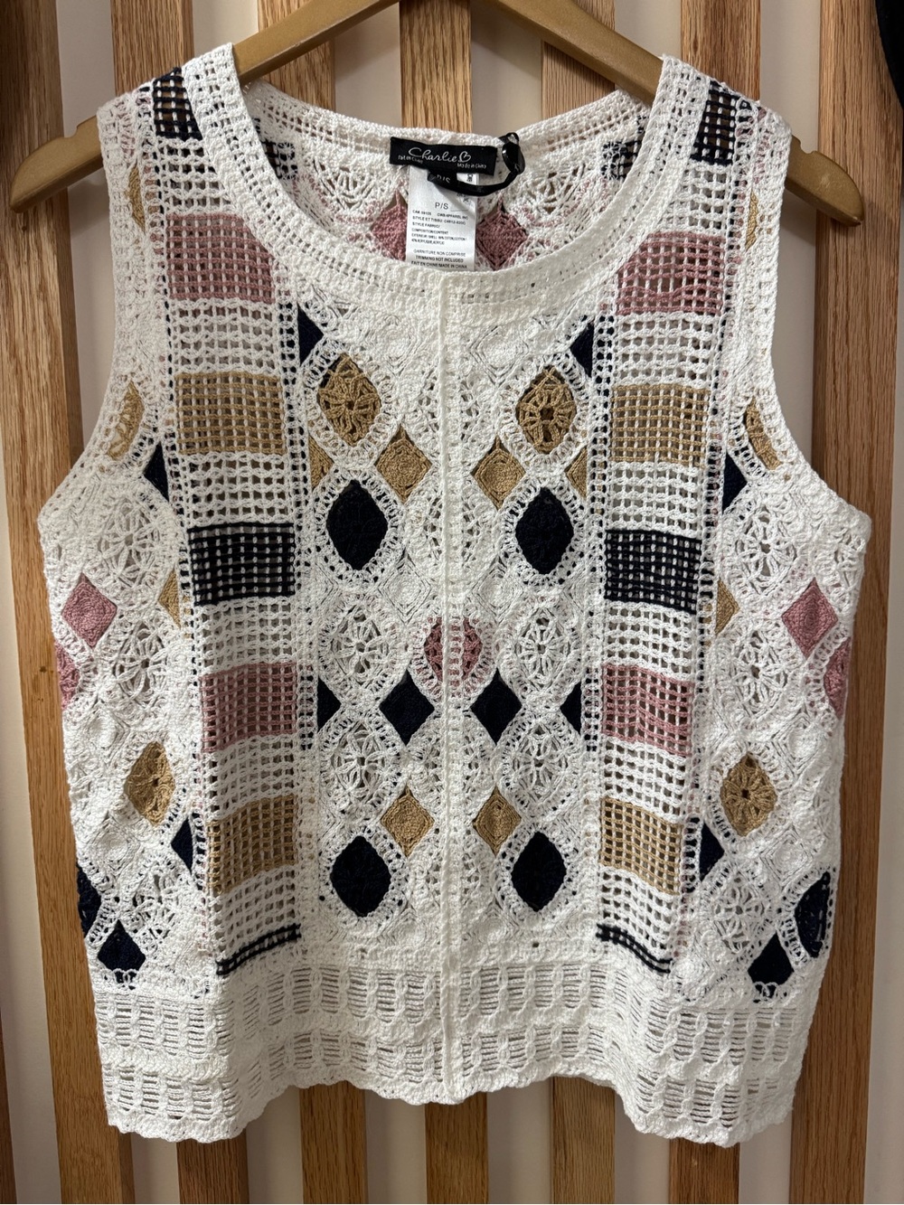 Charlie B White Crochet Tank with Blush, Navy & Tan Motifs. Canadian brand